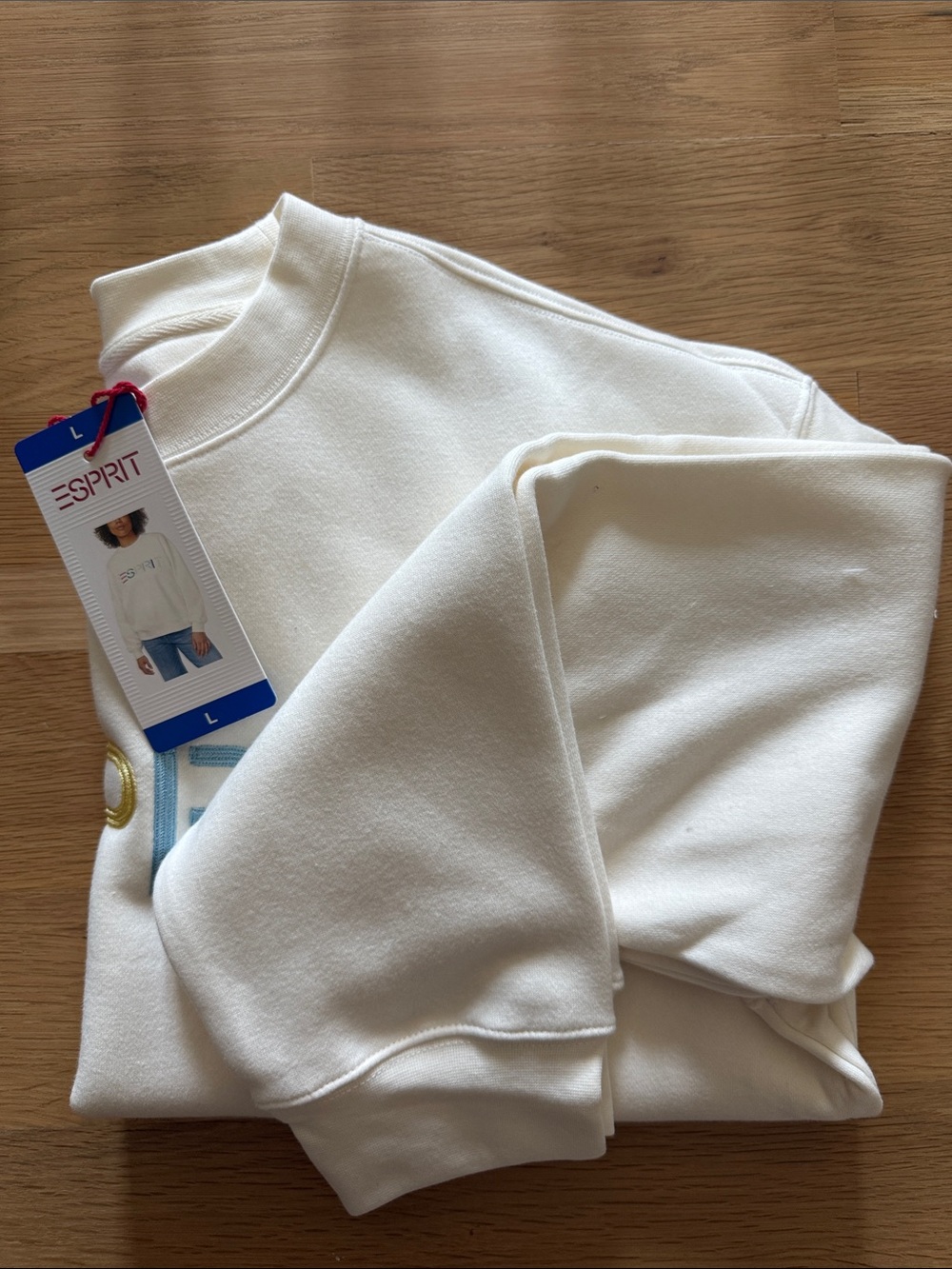 NWT Esprit White Sweatshirt with Pastel Multicolor Logo- Cream - Picture 3 of 3